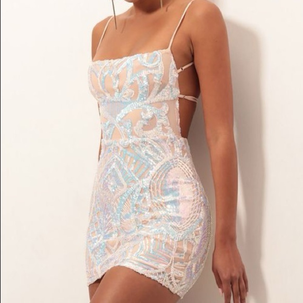 Lucy In The Sky Sequin Strappy Dress in Nude Iridescence